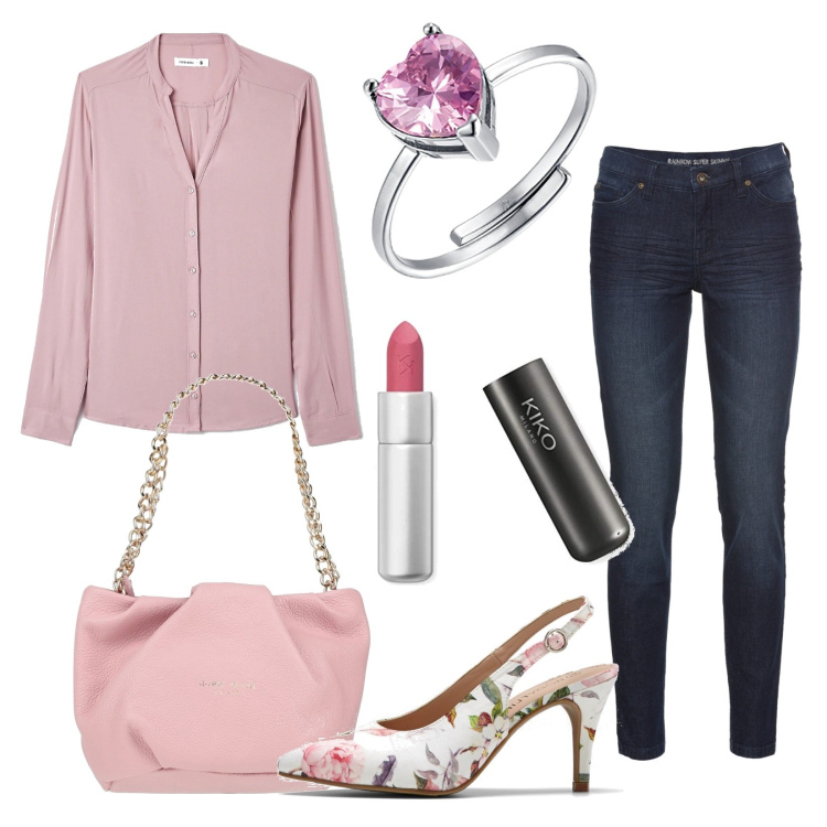 Outfit donna - Jeans e décolleté floreali. Stile Romantica per Serata fuori. Abbinamento con jeans skinny, décolleté, borse a mano, camicie, anelli, rossetti.