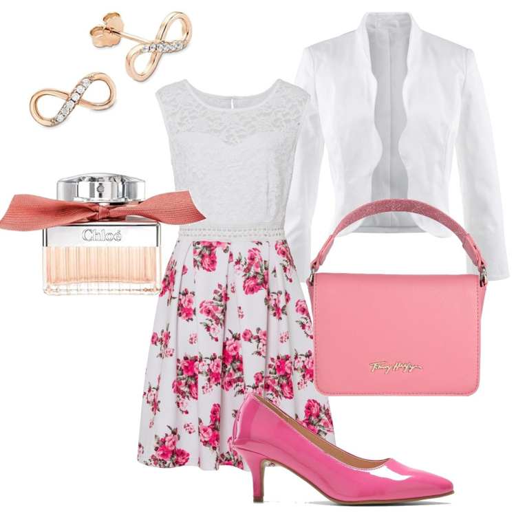 Outfit donna - Infinitamente romantica. Stile Romantica per Cerimonia. Abbinamento con blazer, vestiti, décolleté, borse a mano, profumi, orecchini.
