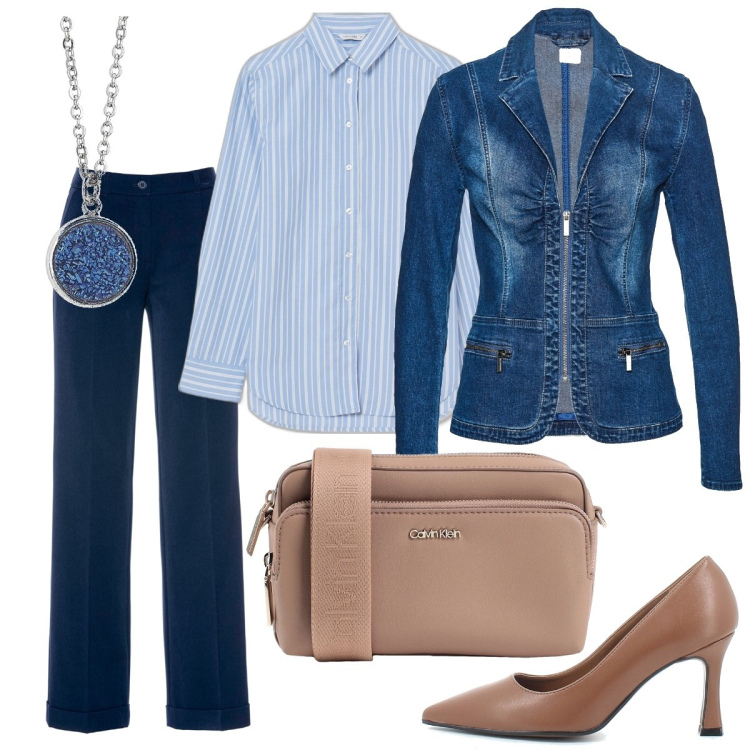 Outfit donna - La giacca di jeans per l’ufficio. Stile Bon Ton per Ufficio. Abbinamento con borse a tracolla, pantaloni, blazer, ciondoli, camicie, sandali.