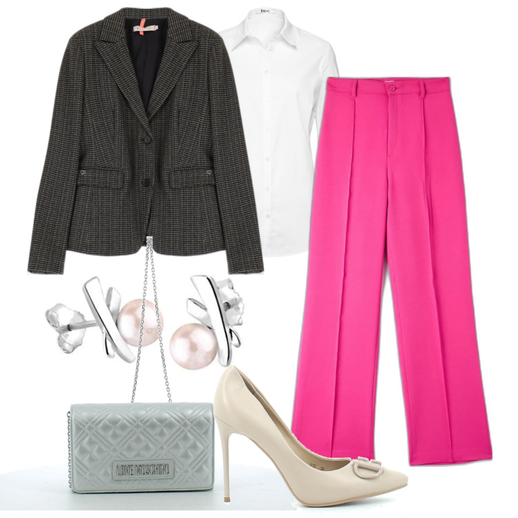 Outfit donna - Grigio e fucsia. Stile Casual chic per Ufficio. Abbinamento con camicie, pantaloni, giacche, clutch, sandali, orecchini.