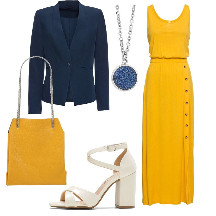 Outfit donna - In giallo e blu per l’8 marzo. Stile Bon Ton per Serata fuori. Abbinamento con blazer, vestiti lunghi, sandali col tacco, borse a mano, ciondoli.