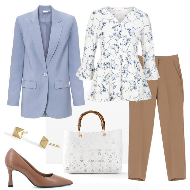 Outfit donna - Profumo di primavera. Stile Romantica per Tutti i giorni. Abbinamento con maglieria, borse a mano, blazer, orecchini, sandali, pantaloni capri.