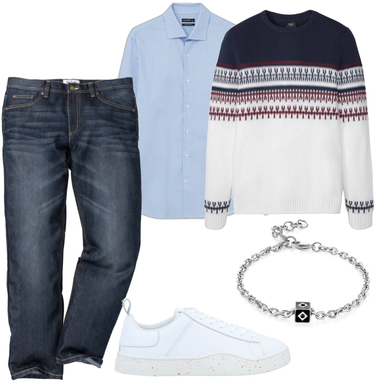 Outfit uomo - Total look #1558963. Stile Casual per Tutti i giorni. Abbinamento con jeans dritti, maglieria, sneakers, braccialetti, camicie.