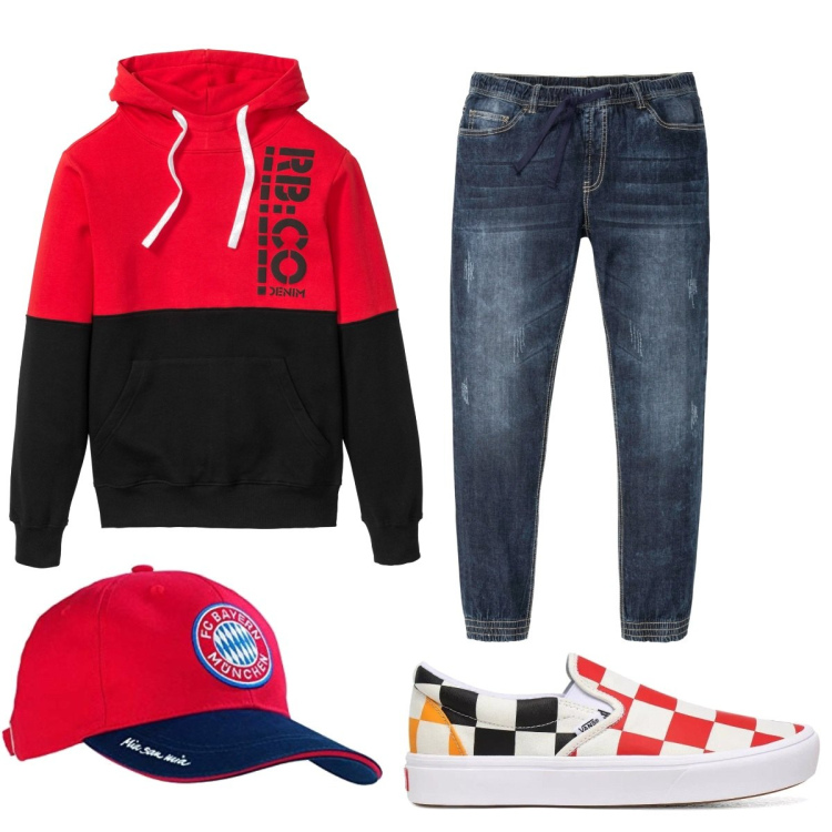 Outfit uomo - Total look #1559029. Stile Trendy per Tutti i giorni. Abbinamento con felpe con cappuccio, jeans slim fit, sneakers, berretti.