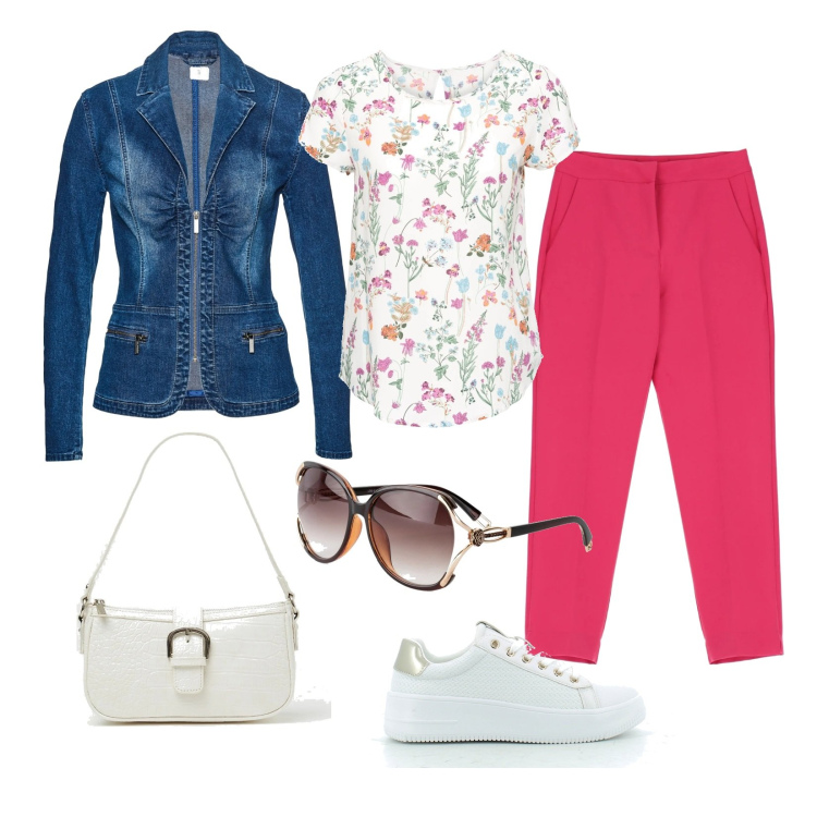 Outfit donna - Weekend turistico. Stile Casual per Tutti i giorni. Abbinamento con bluse, occhiali da sole, blazer, borse a spalla, sneakers, pantaloni capri.