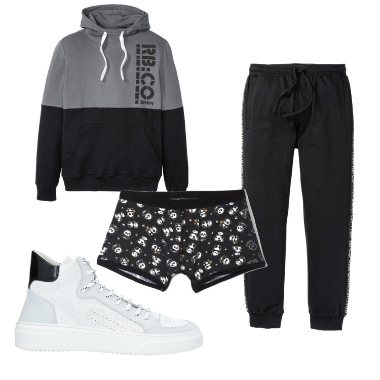 Outfit uomo - Total look #1559034. Stile Trendy per Sport. Abbinamento con felpe con cappuccio, pantaloni, sneakers, boxer.