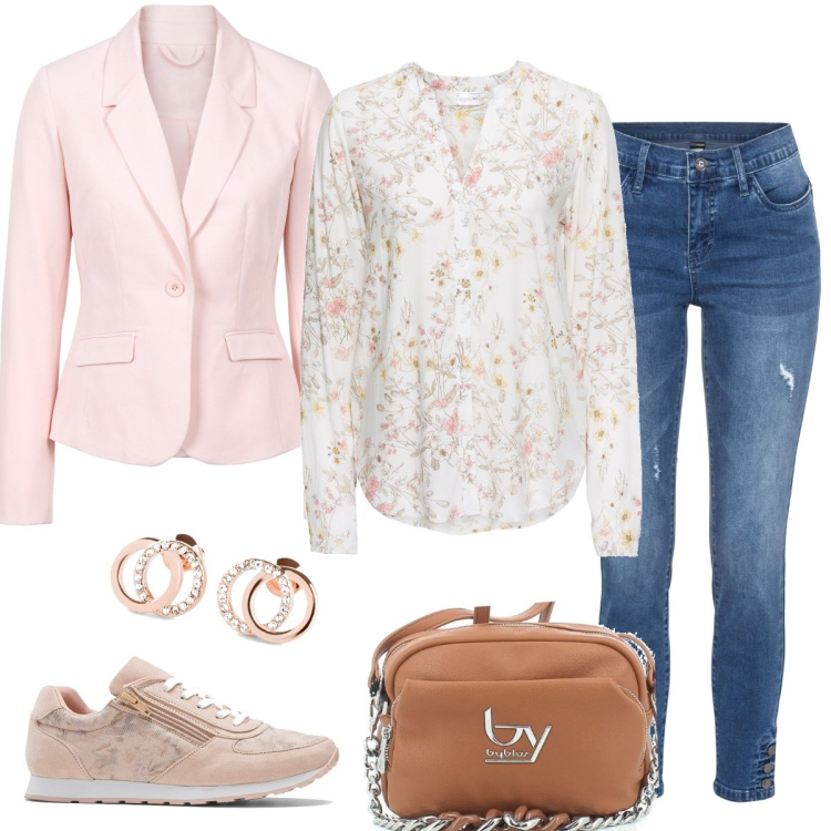 Outfit donna - Camicia floreale. Stile Casual per Tutti i giorni. Abbinamento con camicie, blazer, sneakers, jeans skinny, orecchini, borse a tracolla.