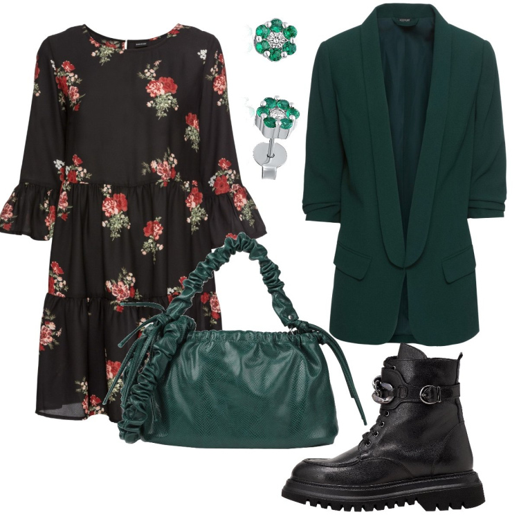 Outfit donna - L’abitino di tendenza. Stile Trendy per Tutti i giorni. Abbinamento con blazer, vestiti, anfibi, borse a mano, orecchini.