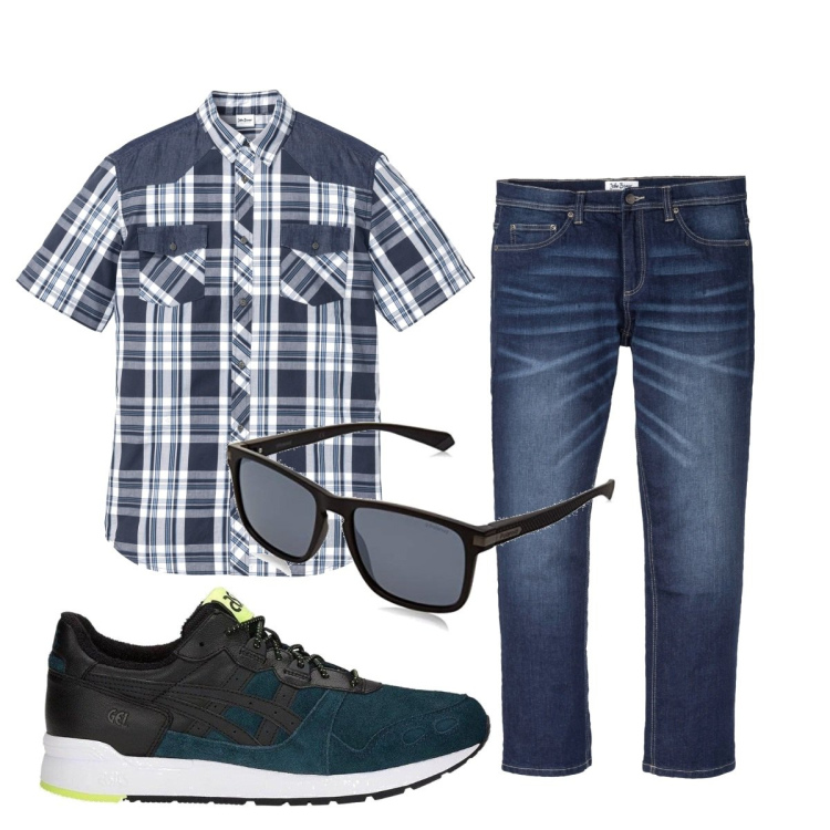 Outfit uomo - Total look #1559049. Stile Casual per Tutti i giorni. Abbinamento con camicie a manica corta, jeans dritti, sneakers, occhiali da sole.