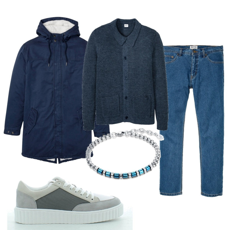 Outfit uomo - Total look #1559050. Stile Casual per Tutti i giorni. Abbinamento con jeans dritti, parka, cardigans, braccialetti, sneakers.