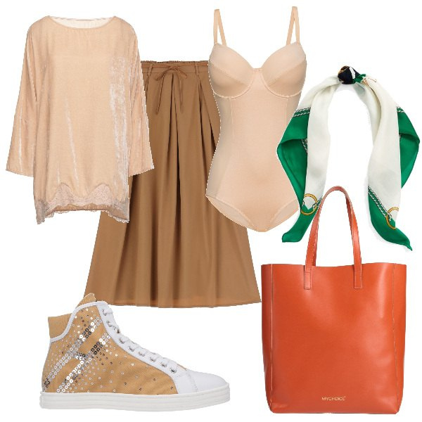 Outfit donna - Total look #1559135. Stile Preppy per Tutti i giorni. Abbinamento con body, borse a mano, sneakers, bluse, gonne longuette, foulard.