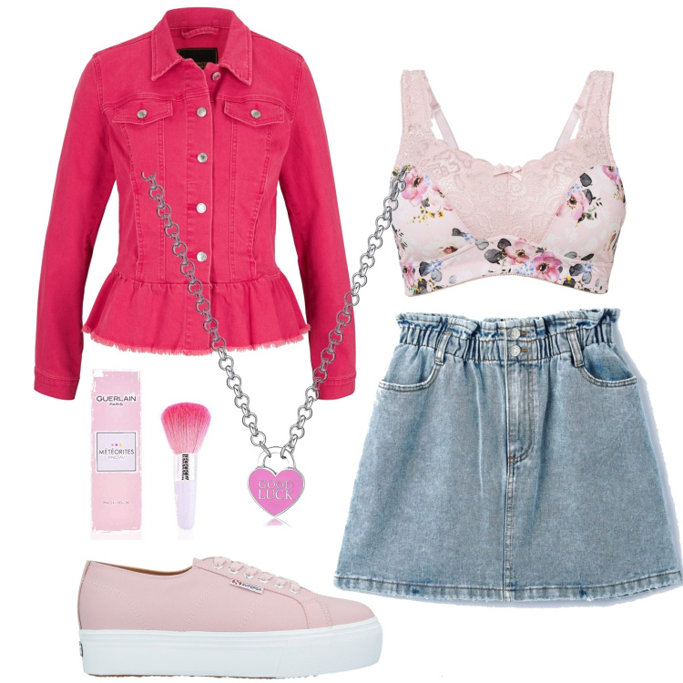 Outfit donna - Girlie in spring. Stile Romantica per Tutti i giorni. Abbinamento con reggiseni, giacche, sneakers, minigonne, collane, ciprie.