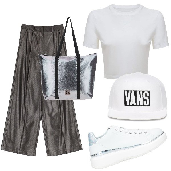 Outfit donna - Pantaloni palazzo. Stile Basic per Tutti i giorni. Abbinamento con sneakers, cappelli con visiera, borse tote, pantaloni a palazzo, t-shirt.