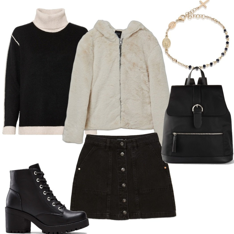 Outfit donna - Preppy #416. Stile Preppy per Tutti i giorni. Abbinamento con stivaletti, maglieria, zaini, braccialetti, minigonne, giacche.