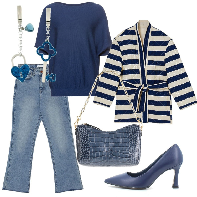 Outfit donna - Beige e blu primaverili. Stile Casual chic per Tutti i giorni. Abbinamento con maglieria, borse a mano, orecchini, giacche, jeans, sandali.