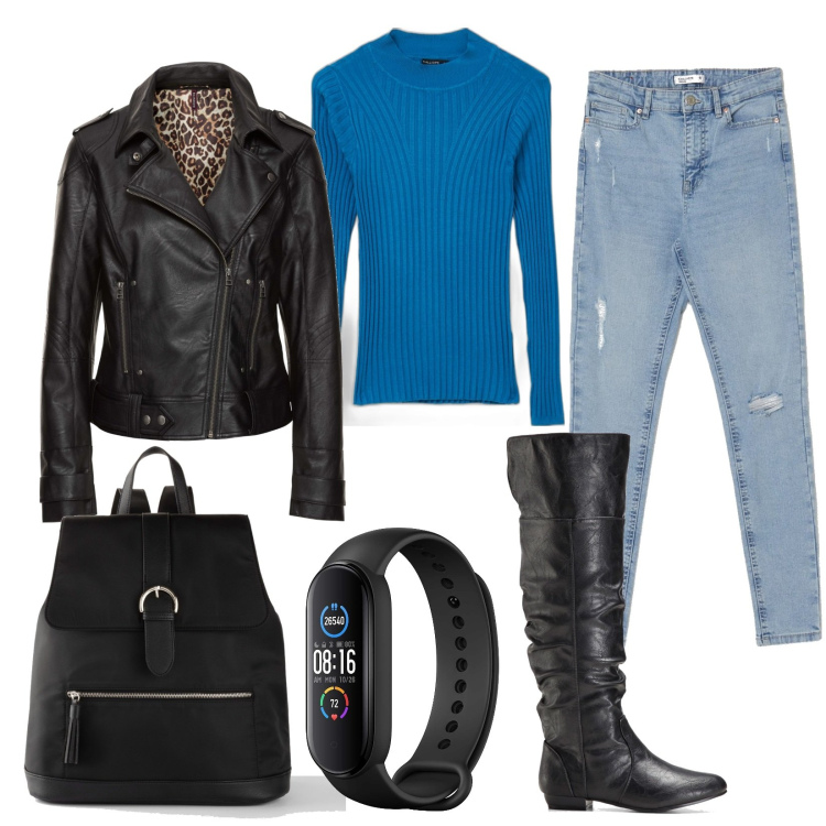 Outfit donna - Bella comoda e pratica. Stile Urban per Tutti i giorni. Abbinamento con stivali sopra il ginocchio, zaini, cappotti, orologi, maglieria, jeans skinny.