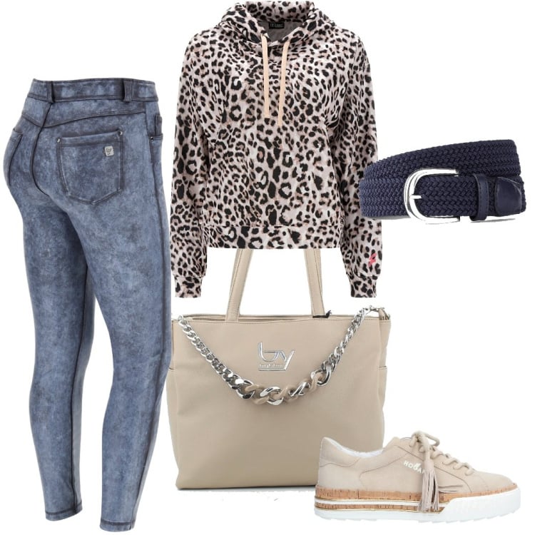 Outfit donna - Sporty chic #1244. Stile Sporty chic per Tutti i giorni. Abbinamento con cinture, sneakers, felpe con cappuccio, pantaloni skinny, shopping bag.