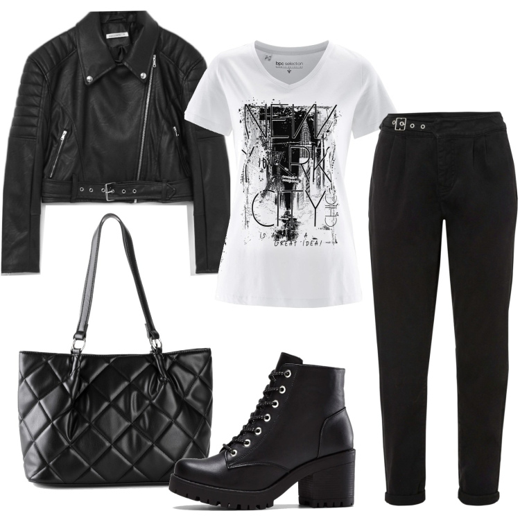 Outfit donna - Aperitivo serale. Stile Rock per Serata fuori. Abbinamento con stivaletti, t-shirt, pantaloni, borse a mano, giacche.