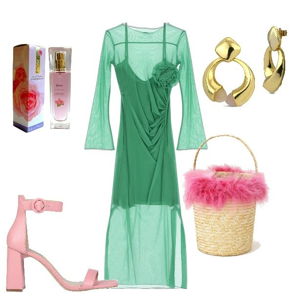 Outfit donna - Serate estive. Stile Glamour per Serata fuori. Abbinamento con sandali col tacco, orecchini, vestiti midi/longuette, borse a secchiello, profumi.
