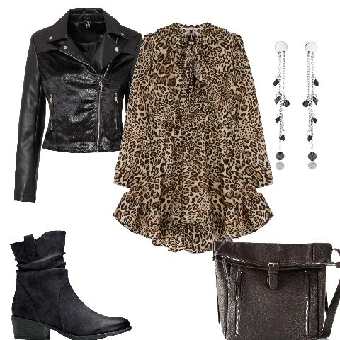 Outfit donna - Leopardato anche la sera. Stile Trendy per Serata fuori. Abbinamento con stivaletti texani, giacche, borse a tracolla, vestiti corti, orecchini.