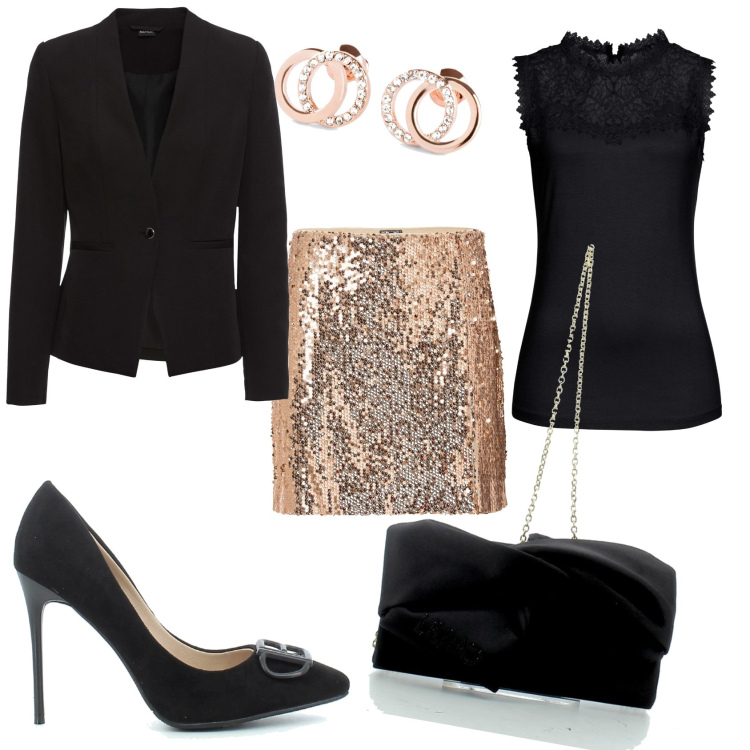 Outfit donna - Serata in allegria. Stile Trendy per Serata fuori. Abbinamento con top, blazer, minigonne, orecchini, sandali, clutch.