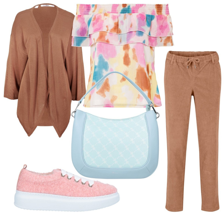 Outfit donna - Il top con le spalle scoperte. Stile Casual chic per Tutti i giorni. Abbinamento con sneakers, borse a mano, vestiti chemisier, bluse, pantaloni.