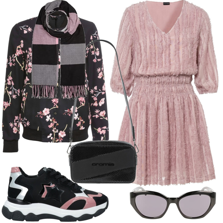 Outfit donna - Primole. Stile Romantica per Tutti i giorni. Abbinamento con bomber, vestiti, sneakers, borse a spalla, sciarpe, occhiali da sole.