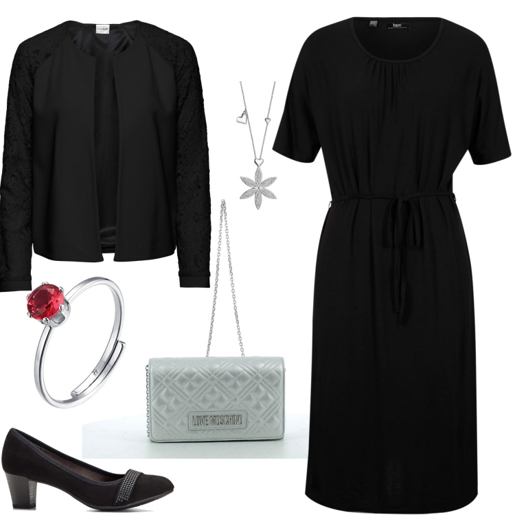 Outfit donna - Serata al teatro. Stile Basic per Serata fuori. Abbinamento con blazer, décolleté, vestiti midi/longuette, collane, anelli, clutch.