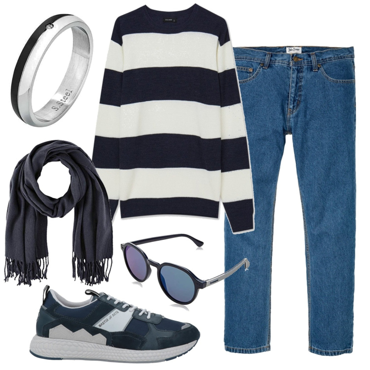 Outfit uomo - Righe blu. Stile Casual per Serata speciale. Abbinamento con jeans dritti, sneakers, anelli, maglieria, sciarpe, occhiali da sole.