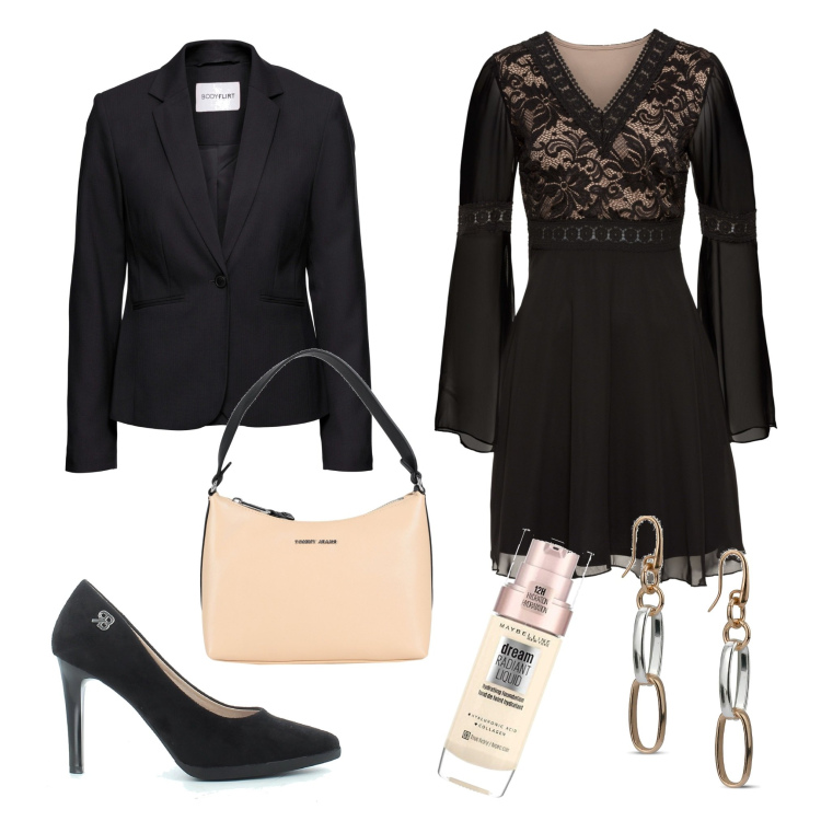 Outfit donna - L\'abito con il merletto. Stile Vintage retrò per Cerimonia. Abbinamento con blazer, vestiti, borse a mano, orecchini, sandali, fondotinta.