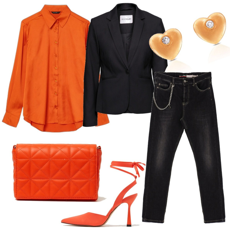 Outfit donna - Total look #1559881. Stile Casual chic per Serata fuori. Abbinamento con blazer, orecchini, jeans dritti, camicie, décolleté, borse a spalla.