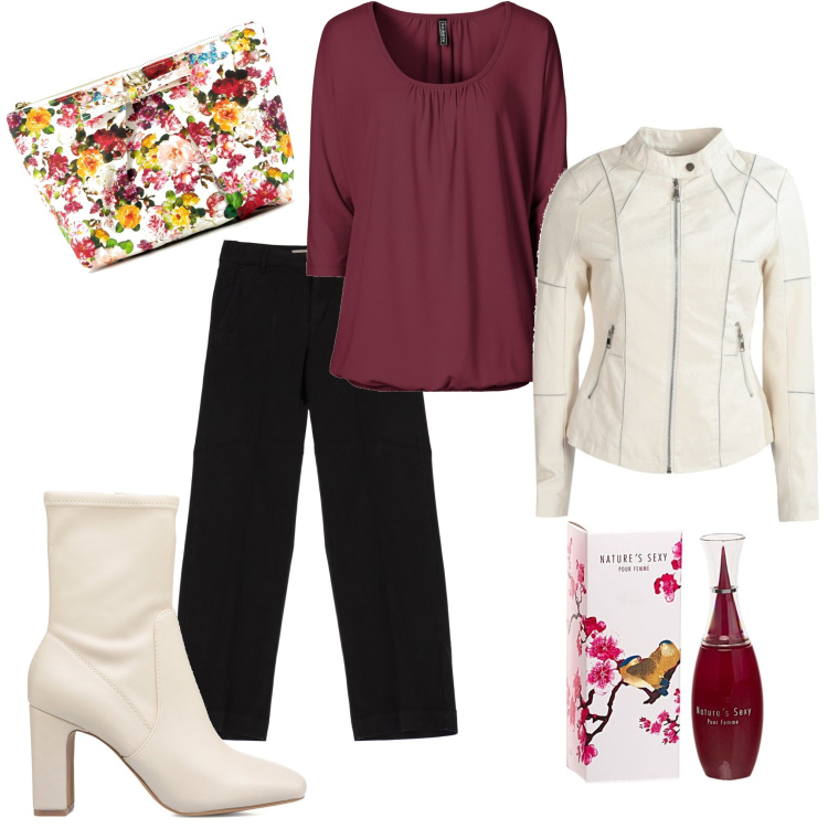 Outfit donna - Sta per sbocciare. Stile Casual chic per Tutti i giorni. Abbinamento con maglieria, giacche, pochette, pantaloni, stivaletti, profumi.
