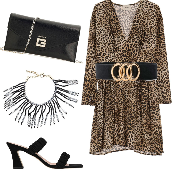 Outfit donna - Essenziale e sexy. Stile Sexy per Serata fuori. Abbinamento con cinture, sandali in pelle, braccialetti, vestiti corti, clutch.