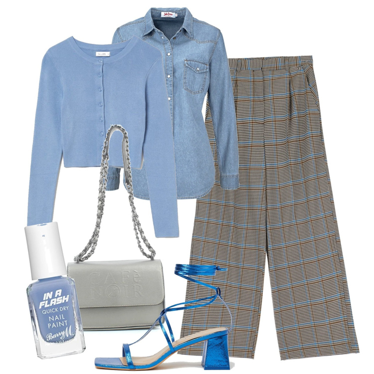 Outfit donna - Azzurro e stampa check. Stile Bon Ton per Tutti i giorni. Abbinamento con camicie, cardigans, sandali in pelle, borse a tracolla, pantaloni a palazzo, smalti.