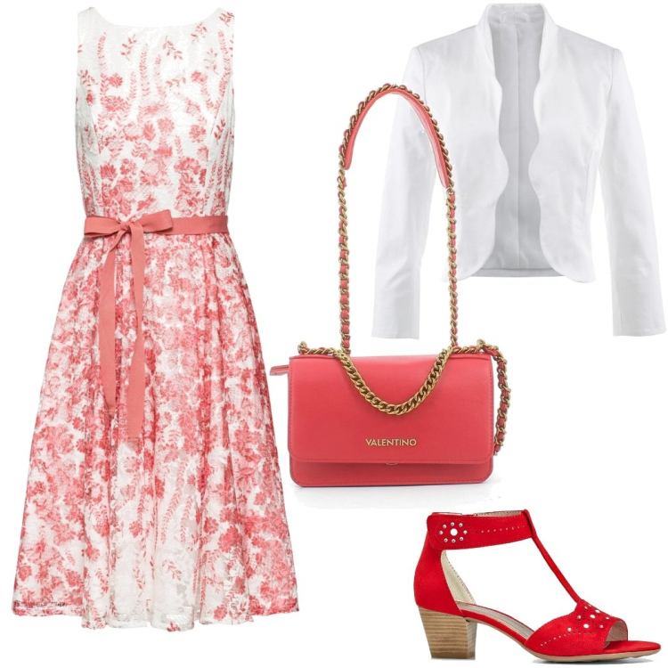 Outfit donna - Romantica #1073. Stile Romantica per Tutti i giorni. Abbinamento con blazer, vestiti midi/longuette, sandali col tacco, clutch.