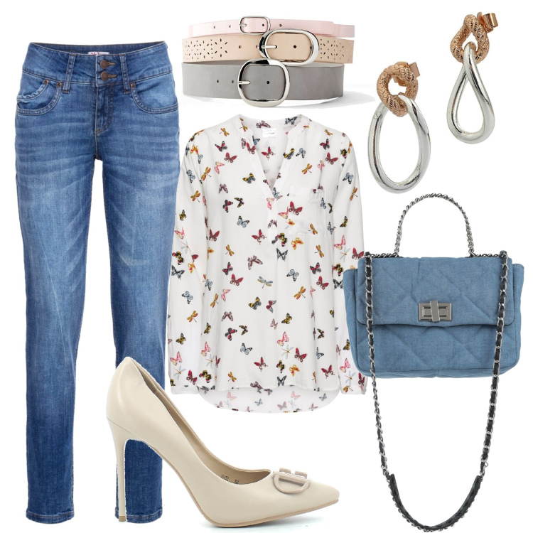 Outfit donna - Casual #5255. Stile Casual per Tutti i giorni. Abbinamento con bluse, jeans mom, cinture, borse a mano, orecchini, sandali.