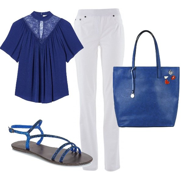 Outfit donna - Bianco e blu. Stile Basic per Tutti i giorni. Abbinamento con pantaloni sportivi, borsa a mano maxi traforato doppio manico interno sfoderato con spilla tinta unita, sandali blu, blusa con pizzo collo coreana a maniche corte con bottoni blu.