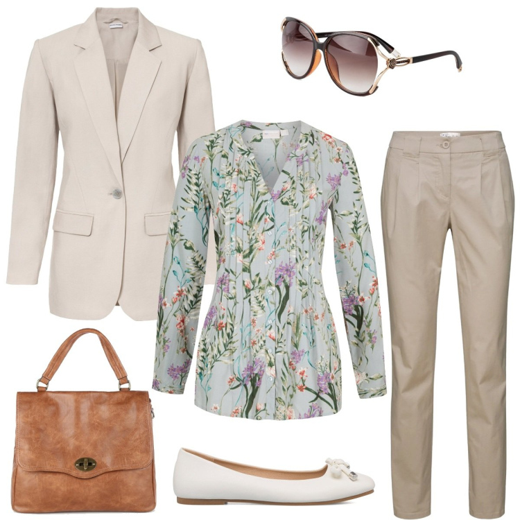 Outfit donna - Ballerine in ufficio. Stile Basic per Ufficio. Abbinamento con pantaloni chino, occhiali da sole, camicie, blazer, borse a mano, ballerine.