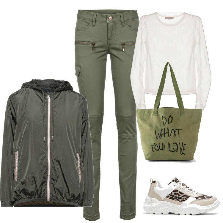 Outfit donna - In città. Stile Casual per Tutti i giorni. Abbinamento con pantaloni cargo, sneakers, shopping bag, giacche, maglieria.