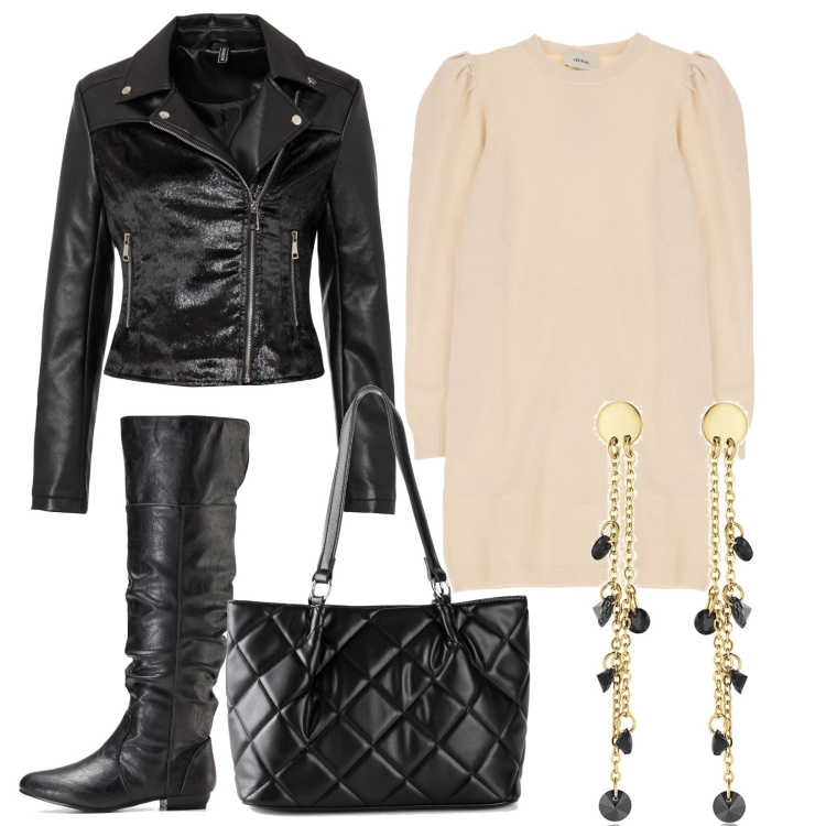 Outfit donna - Abito in maglia con maniche a sbuffo. Stile Casual per Tutti i giorni. Abbinamento con stivali sopra il ginocchio, borse a mano, giacche, orecchini, vestiti.