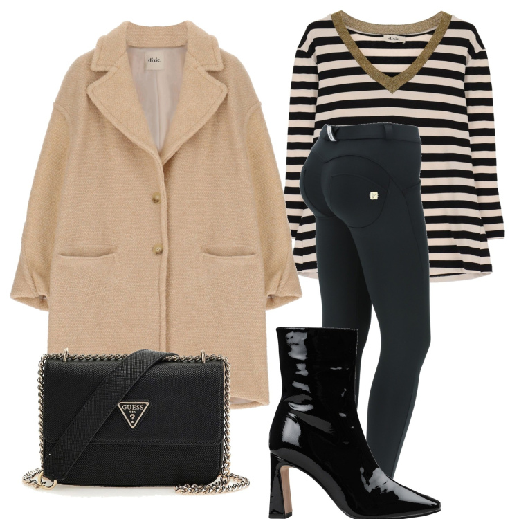 Outfit donna - Mezza stagione col cappottino. Stile Casual chic per Tutti i giorni. Abbinamento con stivaletti, pantaloni skinny, cappotti, maglieria, clutch.