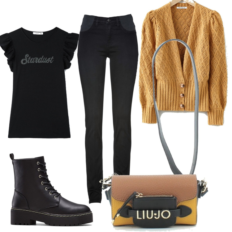 Outfit donna - Sportiva e attraente. Stile Sporty chic per Tutti i giorni. Abbinamento con jeans skinny, stivaletti, cardigans, t-shirt, borse a tracolla.