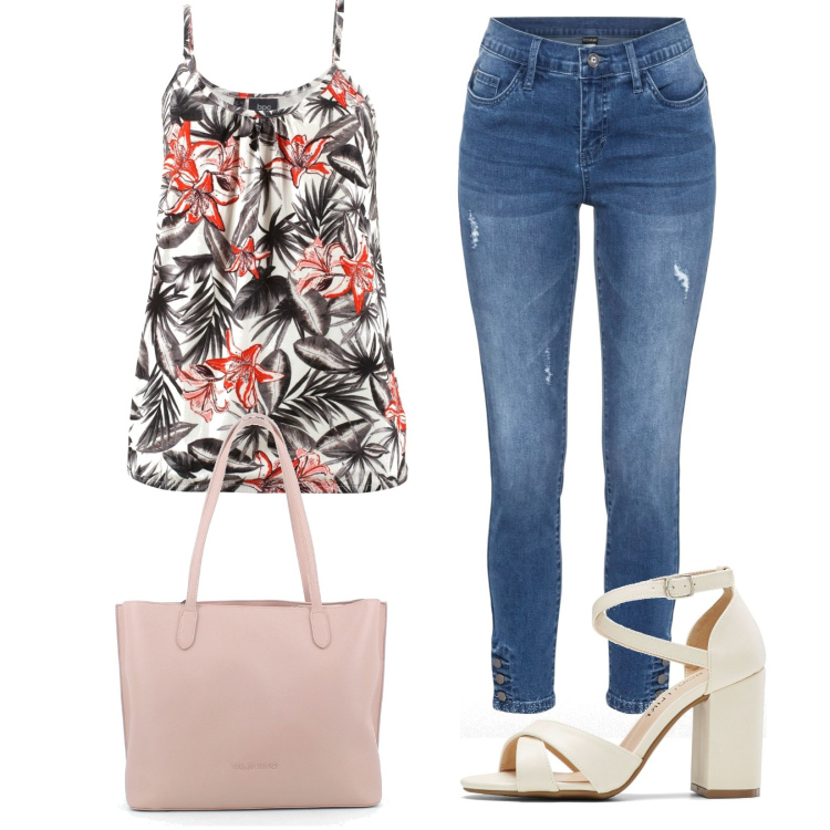 Outfit donna - Calde serate estive. Stile Casual chic per Serata fuori. Abbinamento con top, jeans skinny, sandali col tacco, shopping bag.