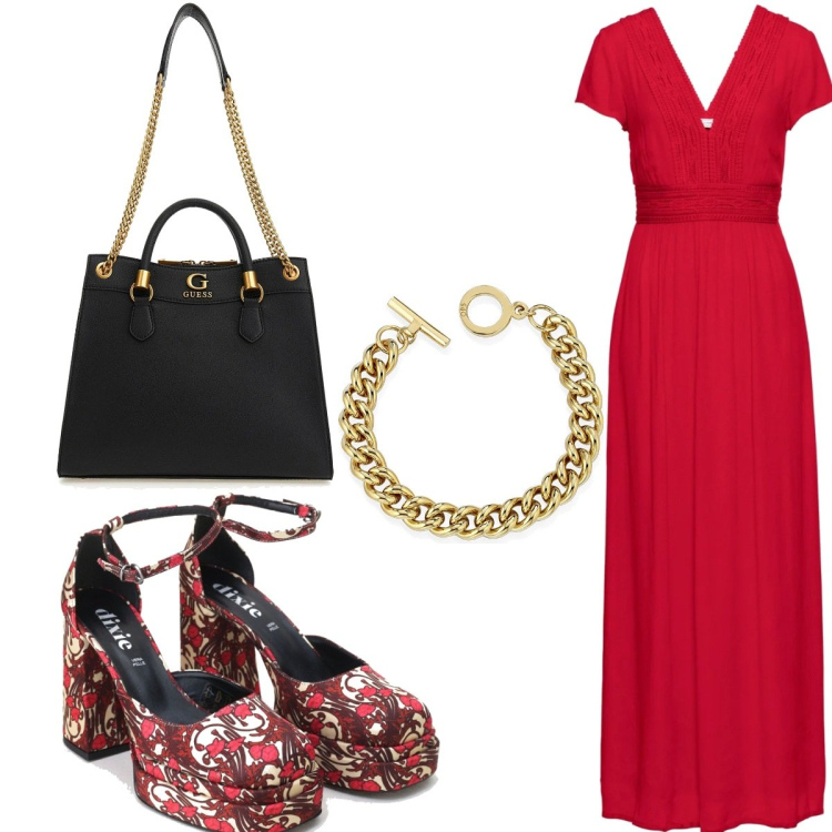 Outfit donna - Rosso di di sera, festa si spera. Stile Casual per Cerimonia. Abbinamento con vestiti lunghi, braccialetti, borse a tracolla, décolleté.