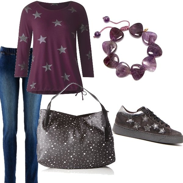 Outfit donna - Basic #14423. Stile Basic per Tutti i giorni. Abbinamento con treggings, t-shirt melange a maniche lunghe multicolore e grigio, borsa tote nero, sneakers grigio, bracciale in ottone forma intrecciata rosa.
