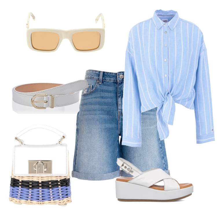 Outfit donna - Vento d’estate. Stile Casual per Mare. Abbinamento con camicie, borse a mano, bermuda, sandali in pelle, cinture, occhiali da sole.