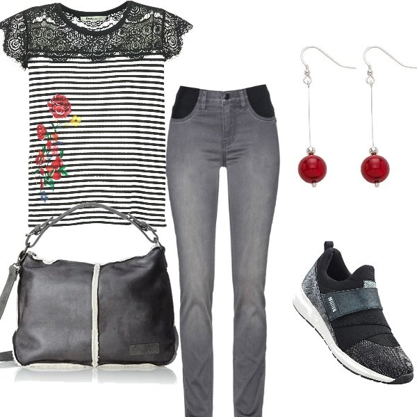 Outfit donna - Basic #14426. Stile Basic per Tutti i giorni. Abbinamento con jeans, sneakers con cinturino nero, t-shirt a maniche corte nero, borsa grigio, pendente a goccia con perle e perline in con murano rosso e argento e oro.