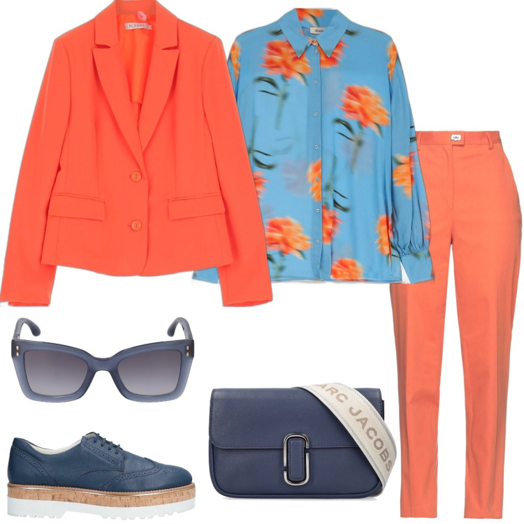 Outfit donna - Passeggiata in città. Stile Casual chic per Tutti i giorni. Abbinamento con scarpe stringate, pantaloni, giacche, camicie, borse a spalla, occhiali da sole.