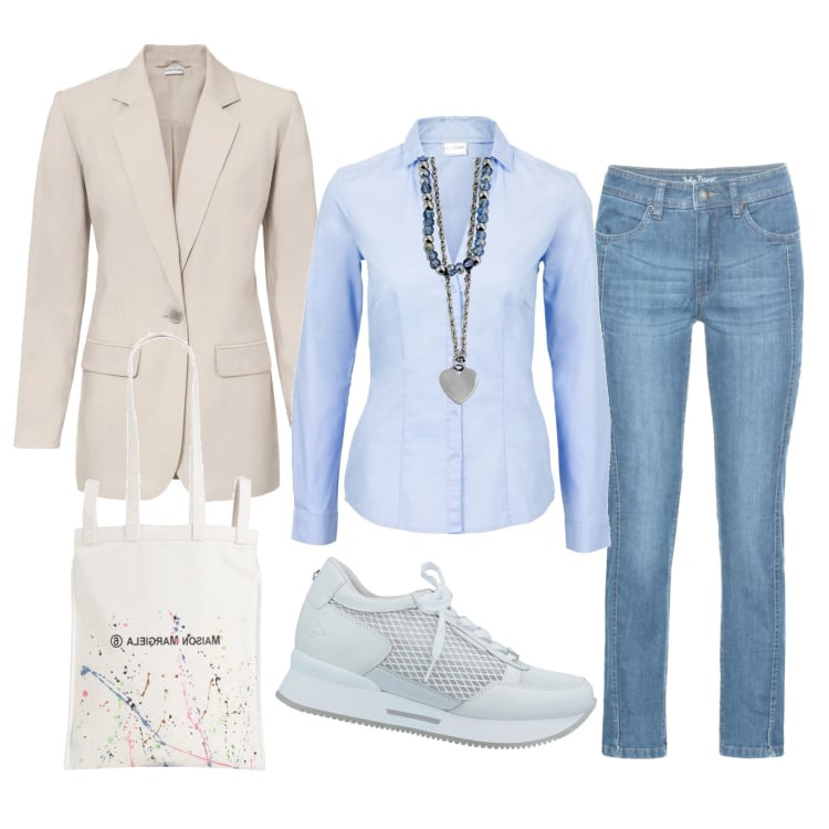 Outfit donna - Azzurro e beige. Stile Casual chic per Ufficio. Abbinamento con camicie, jeans, blazer, sneakers, borse a spalla, collane.