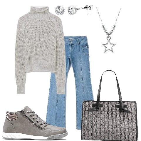 Outfit donna - Mi vesto con jeans comoda. Stile Casual per Tutti i giorni. Abbinamento con sneakers alte, borse a mano, jeans a zampa, ciondoli, orecchini, maglieria.